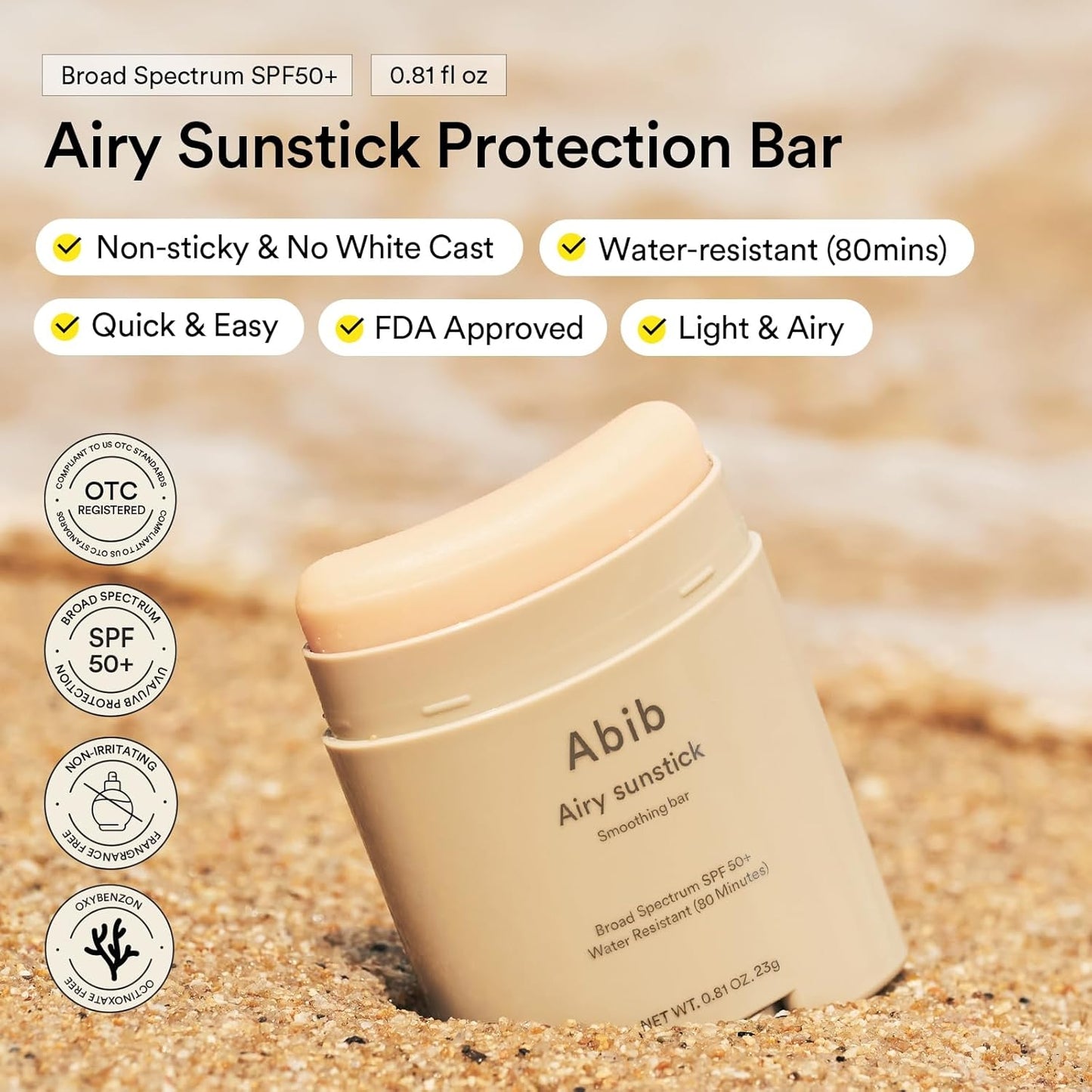 Airy Sunstick Protection Bar SPF50+ Broad Spectrum, Semi-Matte Sunscreen Stick for Oily & Combination Skin, No White Cast, Water-Resistant, Korean Sunscreen, 0.81 oz / 23 g