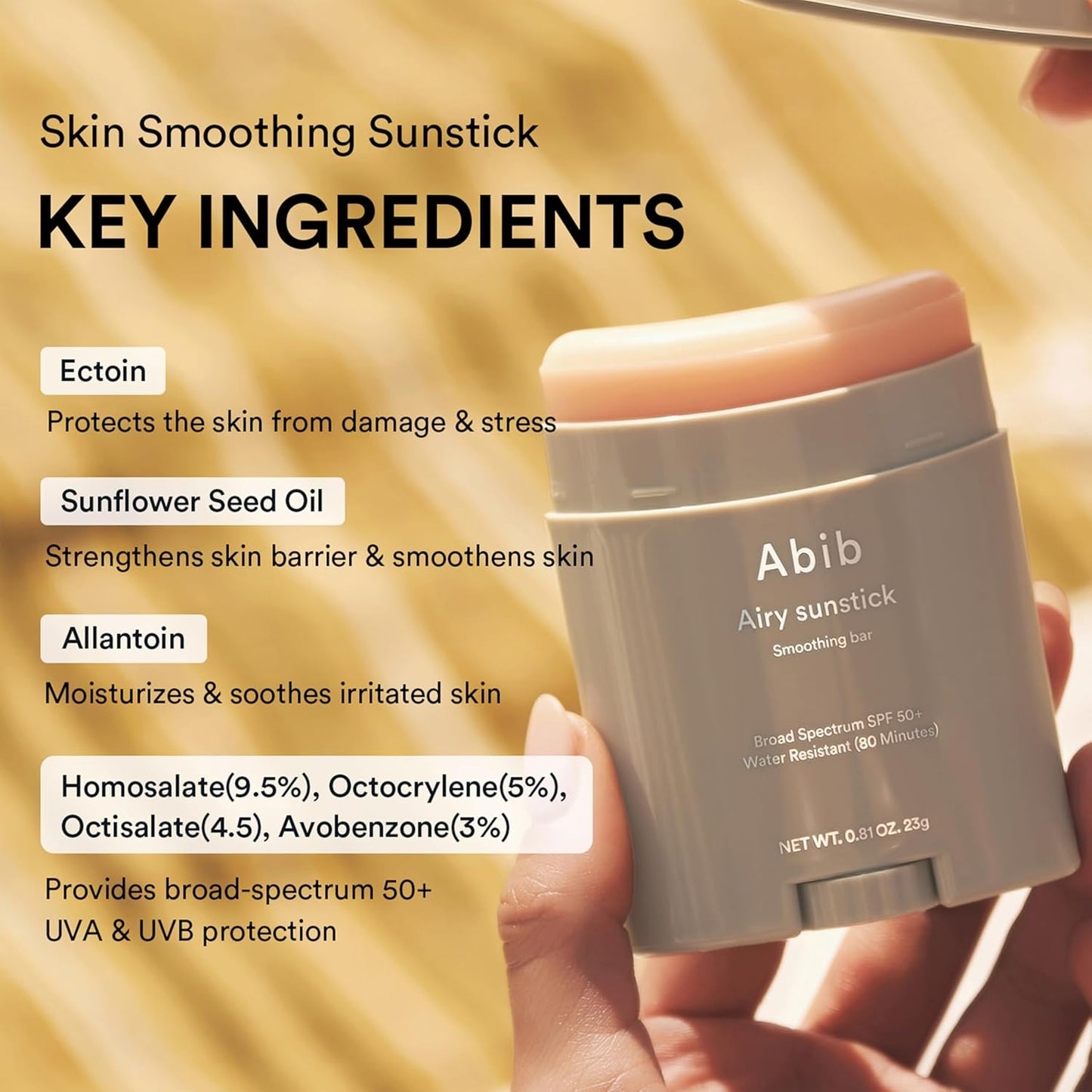 Airy Sunstick Protection Bar SPF50+ Broad Spectrum, Semi-Matte Sunscreen Stick for Oily & Combination Skin, No White Cast, Water-Resistant, Korean Sunscreen, 0.81 oz / 23 g