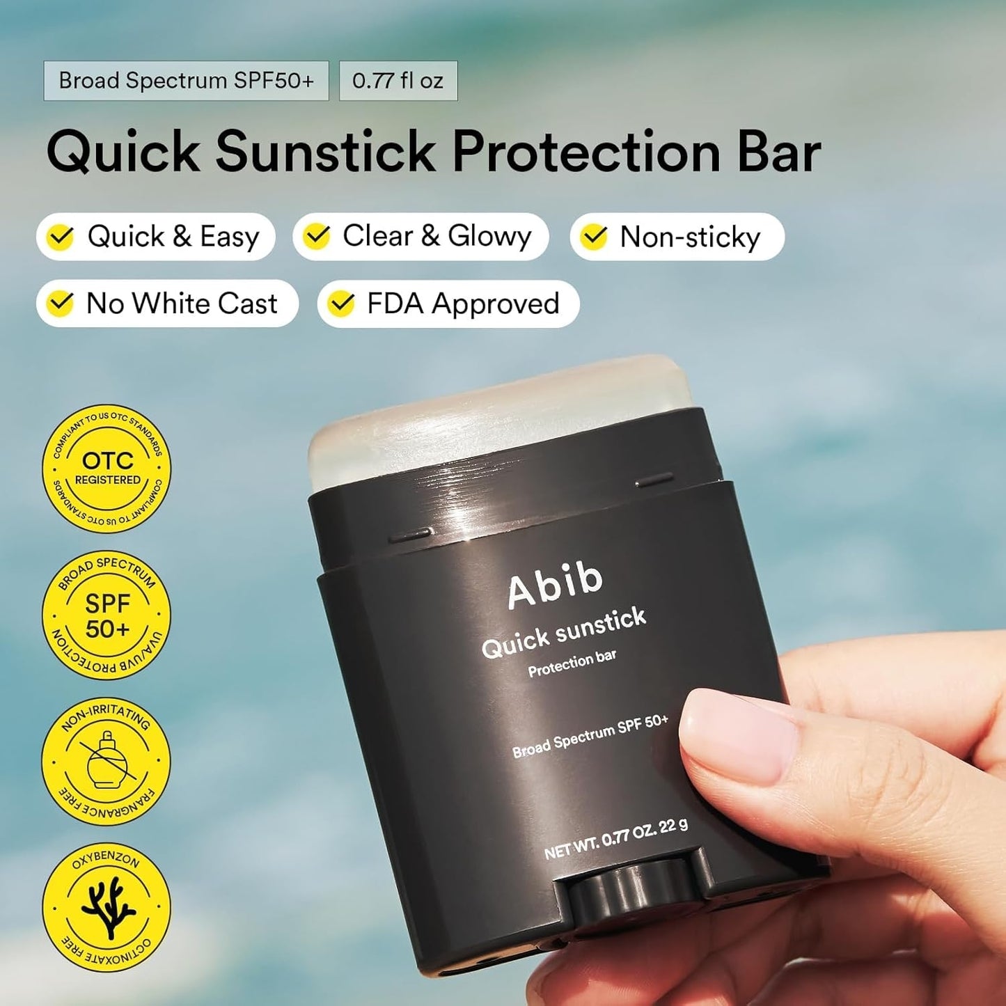Quick Sunstick Protection Bar SPF50+ Broad Spectrum, Glowy Sunscreen Stick for Dry & Sensitive Skin, No White Cast, With Centella & Aloe, Korean Sunscreen, 0.77 oz / 22 g